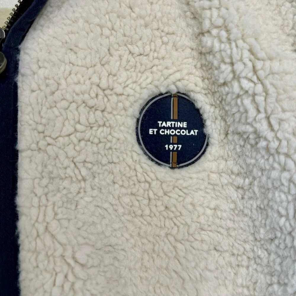 TARTINE ET CHOCOLAT Hooded Sherpa Jacket Boys 6 Cream/Blue Warm Winter Fleece - Picture 7 of 9